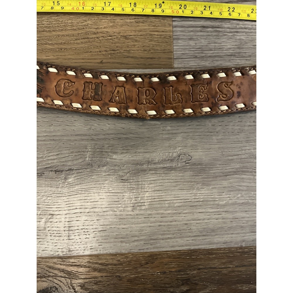Vintage CHARLES Hand Tooled Leather Western Belt Oak Leaf Acorn Buckstitch 7039
